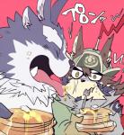 3_eyes anthro clothing duo eating food hat headgear headwear licking male male/male mongolian mongolian_clothing multi_ear multi_eye pancake text tongue tongue_out tusks ohayashi55 lifewonders tokyo_afterschool_summoners temujin_(tas) tsathoggua_(tas) canid canine canis mammal wolf 2019 japanese_text