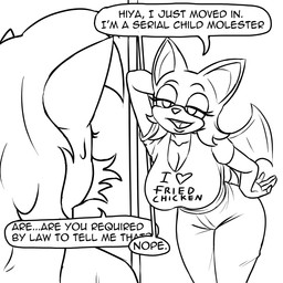 anthro big_breasts breasts clothed clothing dialogue doorway duo female fur hair mature_anthro mature_female membrane_(anatomy) membranous_wings open_mouth simple_background smile speech_bubble standing standing_in_doorway stated_pedophilia tail text wings callmewritefag archie_comics sega sonic_the_hedgehog_(archie) sonic_the_hedgehog_(comics) sonic_the_hedgehog_(series) rosemary_prower rouge_the_bat bat canid canine fox mammal 1:1 digital_drawing_(artwork) digital_media_(artwork) english_text hi_res meme monochrome sketch