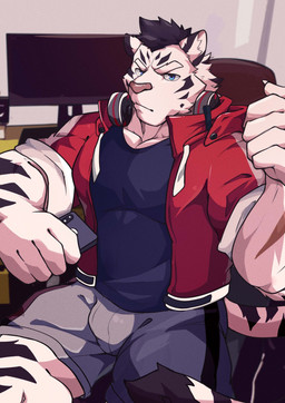 5_fingers anthro barazoku black_body black_clothing black_fur black_hair black_shirt black_stripes black_tail black_topwear blue_eyes bottomwear cellphone clothed clothing electronics eyebrows fingers fully_clothed fur grey_bottomwear grey_clothing grey_shorts hair headphones holding_cellphone holding_object holding_phone inside jacket looking_at_viewer male markings monitor multicolored_body multicolored_fur phone pink_nose red_clothing red_jacket red_topwear shirt shorts smartphone solo striped_body striped_fur striped_markings striped_tail stripes tail tail_markings topwear two_tone_body two_tone_fur two_tone_tail white_body white_eyebrows white_fur white_tail forgetch felid mammal pantherine tiger 2019 digital_media_(artwork) hi_res