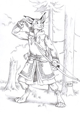 4_toes 5_fingers anthro arrow_(weapon) axe barefoot belt belt_buckle belt_pouch biped bottomwear bow_(weapon) buckle clothed clothing dagger digitigrade dipstick_tail ear_tuft evergreen_tree facial_markings feet fingers fur fur_collar fur_markings head_markings holding_arrow holding_bow_(weapon) holding_object holding_ranged_weapon holding_weapon looking_aside male markings melee_weapon outside pants pine_tree plant quiver_(object) ranged_weapon shadow shirt solo spots spotted_markings spotted_tail standing striped_face stripes tail tail_markings toes topwear tree tree_stump tuft vest weapon 0laffson kuvi_(kaiketinen) caracal caracal_(genus) felid feline mammal 2018 graphite_(artwork) hi_res signature traditional_media_(artwork)