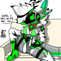 anthro breasts clothed clothing dialogue female furniture machine on_sofa sitting sitting_on_sofa sofa solo text davyd equid equine mammal protogen zebra 1:1 hi_res portuguese_text signature