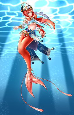 alternate_species breasts clothed clothed_female clothing female hair light_body light_skin mermaid_tail mermaidification navel red_hair red_tail solo split_form tail under_boob underwater water conch_(pixiv) genshin_impact mihoyo nilou_(genshin_impact) aquatic humanoid_merfolk merfolk 2026 absurd_res hi_res