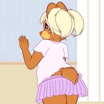 1:1 2022 against_surface against_window anthro bear blinds blonde_hair bottomwear child clothed clothing cocoa_(maverick) detailed_background female fully_clothed glistening glistening_eyes hair inside legs_together looking_out_window mammal maverick miniskirt on_glass orange_eyes pink_nose pleated_skirt portrait purple_bottomwear purple_clothing purple_skirt raining rear_view shirt skirt solo standing t-shirt three-quarter_portrait topwear water white_clothing white_shirt white_t-shirt white_topwear window young young_anthro