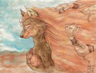 anthro cloud duo fantasy female hair houston magic_user nature outside personal_grooming priest shaman side_view sky smile social_grooming solo_focus tribal_spellcaster wind bluari canid canine canis mammal wolf half-length_portrait portrait traditional_media_(artwork)