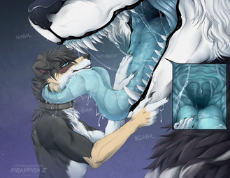 anthro blue_eyes blue_tongue bodily_fluids collar cutaway duo floppy_ears fur grey_body grey_collar grey_fur grey_hair hair imminent_vore licking licking_another male male_anthro nude open_mouth saliva saliva_on_tongue saliva_string sharp_teeth short_hair side_view simple_background size_difference teeth tongue uvula white_body white_fur santanahoffman canid canine canis domestic_dog mammal