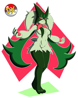 anthro big_breasts breasts claws eyelashes fangs feet female front_view fur genitals green_body green_claws green_fur looking_at_viewer mask navel pawpads pink_background pink_eyes pink_nose pupils simple_background slit_pupils solo teeth thick_thighs vulva white_background wide_hips duskxvi nintendo pokemon generation_9_pokemon meowscarada pokemon_(species) absurd_res hi_res