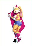 anthro big_breasts big_butt black_eyes blonde_hair blue_bottomwear blue_clothing blue_shorts bodily_fluids bottomwear breasts buckteeth butt clothing electronics eyelashes female floppy_ears footwear front_view fur gloves hair handwear head_tuft headphones headphones_around_neck holding_object holding_phone looking_at_viewer lop_ears nipple_outline open_mouth open_smile orange_body orange_fur phone pink_background pink_clothing pink_nose pink_topwear quad_skates roller_skates scut_tail short_tail shorts side_boob simple_background smile solo sweat sweatdrop tail tan_body tan_fur teeth thick_thighs thong_straps topwear tuft white_clothing white_gloves white_handwear wide_hips notilustregui looney_tunes warner_brothers lola_bunny lagomorph leporid mammal rabbit absurd_res hi_res