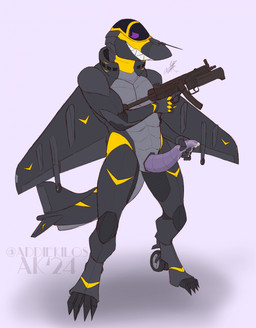 aircraft airplane animal_genitalia anthro black_body bodily_fluids claws cockpit erection genital_fluids genital_slit genitals gun holding_gun holding_object holding_penis holding_ranged_weapon holding_weapon jet looking_at_viewer machine male markings mp5 not_furry nude nude_anthro nude_male penis purple_eyes ranged_weapon simple_background solo submachine_gun tail tapering_penis teeth vehicle weapon wheel wings yellow_markings addiekilos harrier heckler_and_koch aeromorph living_aircraft living_machine living_vehicle robot digital_media_(artwork) hi_res