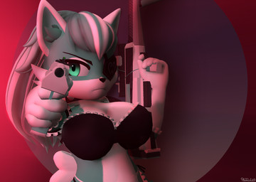aiming_at_viewer anthro choker clothed clothing eye_patch eyewear female gun handgun holding_object holding_weapon jewelry looking_at_viewer maid_uniform necklace pistol ranged_weapon rifle simple_background sniper_rifle solo uniform weapon photolol.03 in_heat_(game) ari_(in_heat) canid canine canis mammal wolf 3d_(artwork) digital_media_(artwork)