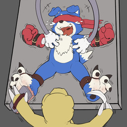 3_fingers 3_toes accessory anthro barefoot bdsm blindfold blue_body blue_fur bodily_fluids bondage bound captured claws crossbar_emanata crying_laughing cuff_(restraint) curling_toes duo emanata feet finger_claws fingers flying_tears foot_fetish fur headband hindpaw laugh leather leather_cuffs lying male motion_lines motion_outline nude on_back paws plantigrade restrained restraints soles tears tickle_torture tickling tickling_armpits tickling_feet tickling_machine toe_claws toe_restraints toes shiron_(pixiv) bandai_namco digimon agumon canid canine canis digimon_(species) domestic_dog gaomon mammal scalie 1:1 absurd_res hi_res