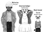 anthro biped bottomwear clothing collarbone eyebrows eyelashes eyewear female group hat headgear headwear markings slightly_chubby slightly_chubby_anthro slightly_chubby_female tail tail_markings thick_eyebrows trio efradraws american_badger badger black-footed_ferret gulonine mammal mustelid musteline true_musteline weasel wolverine absurd_res graphite_(artwork) hi_res monochrome sketch traditional_media_(artwork)