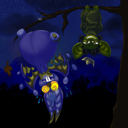 3_fingers 3_toes alternate_species ambiguous_gender anthro black_hair bodily_fluids bow_tie branch broken_branch brown_eyelids brown_eyes brown_wings buckteeth cosmic_background countershade_face countershading detailed_background different_styles dipstick_ears duo ear_markings evil_grin falling_leaves fangs feet female fingers flailing flying_sweatdrops freckles frown glistening glistening_eyelids glistening_hair gloves_(marking) glowing glowing_eyes glowing_freckles glowing_teeth gold_crown green_body green_feet green_hands green_tail hair hanging_from_branch hanging_upside_down holding_with_foot holidays imminent_fall implied_transformation juxtaposition landscape_background leaf leg_markings long_ears low_light markings membrane_(anatomy) membranous_wings mountain_background multicolored_ears night open_frown open_mouth orange_bow_tie orange_ear_tips orange_eyes orange_nose orange_pawpads orange_toes orange_wings pawpads pear-shaped_figure plant pupils purple_body raphe_(anatomy) ringed_eyes semi-anthro short_hair short_tail shortstack shortstack_female skull_eyes smear_frame smile socks_(marking) squinted_eyes star starry_background sweat sweatdrop symbol-shaped_pupils tail teeth toeless_(marking) toes tree tuxedo_markings unusual_pupils upside_down white_body white_countershading white_feet white_hair white_hands white_inner_ear wide_hips wings wings_around_self yellow_eyes yellow_freckles yellow_inner_ear yellow_nose the_menagerie halloween zara_(the_menagerie) bat mammal 1:1 2025 absurd_res digital_media_(artwork) hi_res procreate_(artwork) shaded nonbinary_(lore)