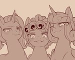 aged_up blush eyebrows eyelashes female feral group hair horn long_hair looking_down simple_background smile trio unicorn_horn wings cold-blooded-twilight friendship_is_magic hasbro my_little_pony mythology cozy_glow_(mlp) flurry_heart_(mlp) luster_dawn_(mlp) equid equine mammal mythological_creature mythological_equine unicorn winged_unicorn 5:4 monochrome