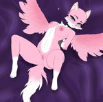 anthro arms_tied bdsm bed_sheet bedding bell bell_collar black_collar blue_eyes bondage bound breasts chest_tuft collar collar_only dipstick_tail female fluffy fluffy_tail fluffy_wings fur genitals inner_ear_fluff looking_at_viewer markings nipples nude pink_body pink_fur pink_tail pink_wings pussy simple_background smile solo submissive tail tail_markings tuft white_body white_fur white_tail white_tail_tip wings amaki88 lostfox canid canine fox hybrid mammal absurd_res hi_res