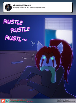 anthro ask_blog black_nose clothed clothed_anthro clothed_female clothing female footwear fur glowing glowing_eyes hair light moon moonlight night red_body red_fur red_hair sock_in_mouth socks solo text conditional_dnp kadath ruby_(kadath) ailurid mammal red_panda 2025 english_text hi_res url
