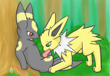 ambiguous_gender animal_genitalia black_nose duo erection fellatio female feral feral_on_feral forest genitals green_eyes knot male nude open_mouth oral oral_penetration penetration penile penis plant red_eyes sex sheath sitting tree freebre freespirit59 nintendo pokemon canid canine eeveelution generation_1_pokemon generation_2_pokemon jolteon mammal pokemon_(species) umbreon 2014 animated high_framerate loop no_sound short_playtime video