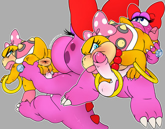 accessory anthro anus balls bent_over big_penis blue_eyes bodily_fluids bow_ribbon bracelet butt claws clothing duo eyeshadow feet female footwear foreskin gem genital_fluids genitals gynomorph hair_accessory hair_bow hair_ribbon handjob high_heels intersex intersex/female jewelry lips makeup necklace nipples orange_body pearl_(gem) pearl_necklace penile penis penis_against_cheek pink_body precum puffy_nipples ribbons rimming_female ring sex shell shoes spikes spikes_(anatomy) spread_anus spreading tail thick_lips toe_claws vulva cubby_(artist) mario_bros nintendo birdo_(character) koopaling wendy_o._koopa birdo mammal scalie absurd_res hi_res