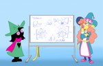 anthro big_hat duo female male markers simple_background thinking whiteboard thefoxxhole deltarune super_lesbian_animal_rpg undertale_(series) claire_higsby ralsei bovid bovine cattle mammal 14:9 hi_res trans_(lore) trans_woman_(lore)