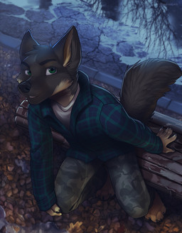 4_toes 5_fingers anthro barefoot biped black_body black_fur black_nose bottomwear camo camo_clothing camo_print clothed clothing detailed_background eyebrows feet fingers fur green_eyes hand_on_knee hand_on_leg high-angle_view jacket leaf log looking_at_viewer looking_up male multicolored_body multicolored_fur outside pants pattern_clothing plaid plaid_clothing shirt sitting snow solo tan_body tan_fur toes topwear white_clothing white_shirt white_topwear wood koul canid canine canis domestic_dog german_shepherd herding_dog mammal pastoral_dog 2017 digital_media_(artwork)