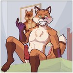 animal_genitalia animal_penis anthro beckoning bed bedroom_eyes furniture genitals gesture male narrowed_eyes painting_(object) penis scar seductive smile solo hpkomic zepaw canid canine fox mammal 1:1 hi_res