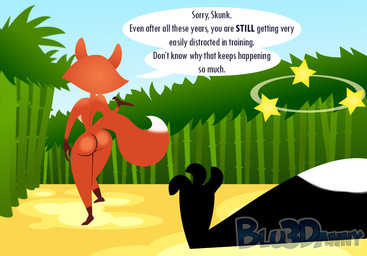 after_battle after_fight age_difference anthro bamboo big_butt butt casual_nudity dialogue duo female lying lying_on_ground male nude older_female on_back on_ground seeing_stars speech_bubble text thick_thighs toony unconscious unconscious_anthro unconscious_male walking_away wide_hips younger_male blu3danny cartoon_saloon skunk_fu fox_(skunk_fu) skunk_(skunk_fu) canid canine fox mammal mephitid skunk english_text