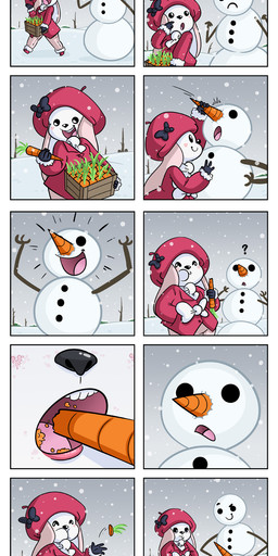 anthro beret carrot carrot_penis clothing duo female food hat headgear headwear heart_cheeks humor male male/female noseless plant snow snowman text vegetable white_body winter owlhaus rosianna_rabbit 2016 comic hi_res textless url