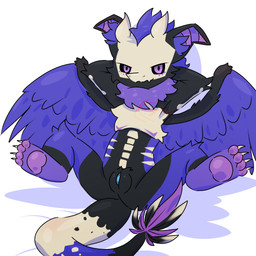 animal_genitalia anthro black_body black_ears black_fur black_sclera black_tail blue_penis bone_mask butt chest_markings claws facial_markings feathered_tail feathered_wings feathers fur genital_slit genitals hair hands_behind_head head_markings horn inner_ear_fluff looking_at_viewer male male_anthro markings mask mask_(marking) multicolored_body multicolored_fur multicolored_tail narrowed_eyes neck_tuft nude_anthro nude_male paws penis purple_body purple_eyes purple_fur purple_hair purple_inner_ear_fluff purple_tail simple_background solo spread_legs spread_wings spreading tail toe_claws tuft white_background white_body white_fur white_tail wings conditional_dnp xammyxx mythology dragon mythological_creature mythological_scalie scalie 1:1 2026 cel_shading digital_media_(artwork) english_description hi_res ibispaint_(artwork) shaded signature watermark