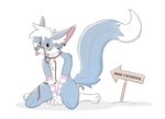 anthro big_ears big_tail blue_body blue_fur collar crouching ear_piercing fur green_eyes inner_ear_fluff leash looking_at_viewer male piercing sign simple_background solo tail tongue tongue_out tuft kifyun2 kif_yppreah canid canine fox mammal absurd_res colored hi_res