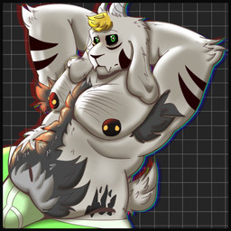 anthro armpit_hair belly_hair black_eyes blonde_hair body_fur body_hair chest_hair clothed clothing fangs floppy_ears fur glistening glistening_body green_eyes grey_body grey_fur hair hands_behind_head horn looking_at_viewer male markings nipple_piercing nipples overweight overweight_anthro partially_clothed pattern_background pecs piercing simple_background solo stretch_marks tail teeth underwear white_body charkin'schamber undertale undertale_(series) asriel_dreemurr_(god_form) bovid caprine goat mammal 1:1 chromatic_aberration digital_drawing_(artwork) digital_media_(artwork) hi_res shaded
