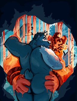 anthro black_hair black_nose butt butt_grab duo fur grey_body grey_fur hair hand_on_butt looking_at_viewer male narrowed_eyes nude open_mouth orange_body overweight overweight_anthro overweight_male rear_view short_hair slime slime_on_arm standing chocolateandmilk pander_(lostpander) bear goo_creature mammal 2020 absurd_res dated hi_res signature