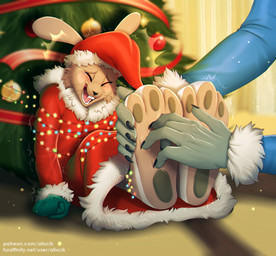 3_toes 5_fingers anthro arms_tied barefoot bdsm biped black_nails black_nose blue_clothing blurred_background blush bodily_fluids bondage bound buckteeth cheek_tuft christmas_clothing christmas_decorations christmas_headwear christmas_lights christmas_tree clothed clothing colored_nails countershade_feet countershading crying_laughing disembodied_hand duo eyes_closed facial_tuft feet fingernails fingers fist foot_fetish foot_focus foot_grab fully_clothed fur fur_trim_(clothing) gloves gloves_(marking) green_clothing green_gloves green_handwear handwear hat headgear headwear helpless holidays humanoid_hands inside laugh long_ears male markings mostly_offscreen_character nails open_mouth orb pawpads plant plantigrade red_clothing saliva saliva_string santa_hat sitting soles string_light_bondage string_lights tan_body tan_fur tears teeth teeth_showing text tickle_fetish tickle_torture tickling tickling_feet toes tree tuft whiskers aliscik christmas soyuzmultfilm well_just_you_wait! zayats_(wjyw) hare lagomorph leporid mammal 2021 digital_media_(artwork) url