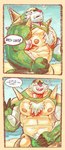 anthro beach belly blush bulge clothing embarrassed male musclegut muscular navel nipples pecs sand shy solo speedo swimwear text furryonline1 nintendo pokemon chesnaught generation_6_pokemon pokemon_(species) comic english_text hi_res