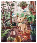 2023 ambiguous_gender border butt eeveelution feral generation_3_pokemon generation_4_pokemon green_ears green_tail group koike_09 leafeon looking_at_viewer nintendo open_mouth open_smile pawpads pink_pawpads pink_tongue plant plant_pot pokemon pokemon_(species) potted_plant quadruped smile solo_focus swablu tail tongue trio white_border