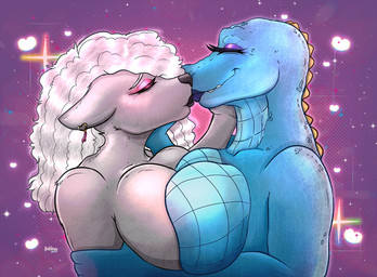 4_fingers anthro bent_arm big_breasts black_lips black_nose blue_body blue_breasts blue_lips blue_scales blush breast_squish breasts breasts_frottage closed_smile duo ears_down eyebrows eyelashes eyes_closed eyeshadow fangs female female/female female_anthro fingers fur grey_body grey_breasts grey_fur hair hair_over_eye hand_on_face happy heart_ear_piercing hearts_around_body holding_arm kiss_on_lips kissing larger_anthro larger_female light lips long_hair love makeup mouth_closed multicolored_body multicolored_scales non-mammal_breasts nude nude_anthro nude_female pink_eyeshadow pivoted_ears purple_background purple_eyeshadow romantic romantic_couple scales scutes side_view simple_background size_difference smaller_anthro smaller_female smile sparkles squish teeth text two_tone_body two_tone_scales wavy_hair white_eyebrows white_hair yellow_scutes rakkyoarts azraelle_(tertia) natyna_tiduna alligatorid azurlligator canid canine canis crocodilian mammal reptile scalie wolf 2025 artist_name colored digital_drawing_(artwork) digital_media_(artwork) english_description hi_res lighting shaded