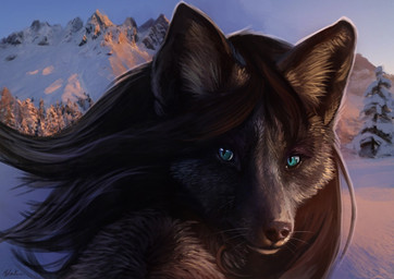 anthro blue_eyes female mountain painting_(object) snow solo wind furnpixels mondeis canid canine fox mammal red_fox silver_fox true_fox bust_portrait portrait