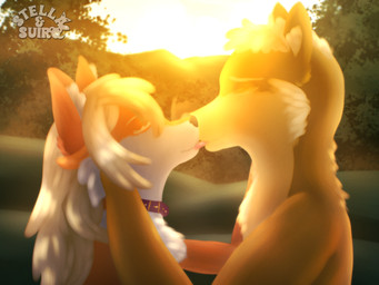 ambiguous_gender anthro blonde_hair buckled_collar cheek_tuft collar detailed_background duo ears_up eyes_closed facial_tuft forest forest_background fur hair hand_on_cheek hand_on_face hand_on_head hand_on_partner head_tuft hill holding_cheek holding_each_other holding_face holding_partner inner_ear_fluff kissing light long_hair multicolored_body multicolored_fur nature nature_background orange_body orange_fur plant purple_collar sun sunlight sunset tongue tree tuft two_tone_body two_tone_fur white_body white_fur white_inner_ear_fluff yellow_body yellow_fur stellaamoris isan_(character) stella_(stellaamoris) canid canine canis domestic_dog fox mammal shiba_inu spitz 4:3 absurd_res digital_media_(artwork) digital_painting_(artwork) hi_res painting_(artwork)