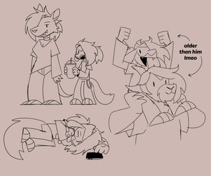 anthro arrow_pointing_to_face carrying_another cellphone container cup directional_arrow disposable_cup electronics female fluffy fluffy_hair group hair hair_over_eye holding_container holding_cup holding_object hug hugging_object hugging_plushie humanoid_hands lying male on_side open_mouth phone piggyback plushie sharp_teeth sleeping smartphone smile standing tail teeth text trio somesacredbird nintendo pokemon fan_character riolu_(somesacredbird) vivian_(hisstress) american_opossum bovid caprine domestic_goat generation_4_pokemon goat mammal marsupial pokemon_(species) pygmy_goat riolu virginia_opossum 2026 digital_drawing_(artwork) digital_media_(artwork) english_description english_text hi_res sketch