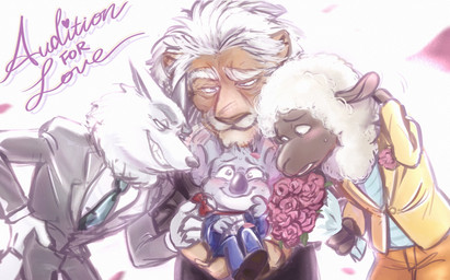 anthro blush bow_tie clothed clothing flower fully_clothed fur group hair happy harem holding_person larger_male male necktie plant rose_(flower) size_difference smaller_male suit text white_body white_fur white_hair luna926tw illumination_entertainment sing_(movie) buster_moon clay_calloway_(sing) eddie_noodleman jimmy_crystal arctic_wolf bovid canid canine canis caprine felid feline koala lion mammal marsupial pantherine sheep vombatiform wolf hi_res
