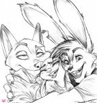 anthro buckteeth clothed clothing female group group_hug hug hugging_another looking_at_viewer male notched_ear open_mouth open_smile simple_background smile teeth white_background spintherella disney zootopia judy_hopps max_midnight nick_wilde canid canine fox hybrid lagomorph leporid mammal rabbit red_fox true_fox 2017 black_and_white monochrome signature