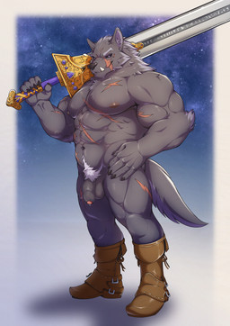 5_fingers anthro areola balls black_sclera bodily_fluids claws fingers foreskin genital_fluids genitals holding_melee_weapon holding_object holding_sword holding_weapon humanoid_genitalia humanoid_penis inner_ear_fluff male melee_weapon muscular muscular_anthro muscular_male nipples penis precum purple_eyes scar solo sword tail tuft weapon orcakunart elden_ring fromsoftware blaidd_(elden_ring) canid canine canis mammal wolf absurd_res hi_res