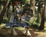 anthro armor biped bridle clothing digitigrade duo facial_scar female feral forest forest_background halberd horse_armor melee_weapon nature nature_background plant plate_armor polearm quadruped riding saddle scar stirrups tabard tack tree weapon honovy jaclyn_(revertigo) canid canine canis domestic_dog equid equine horse husky hybrid mammal nordic_sled_dog spitz wolf digital_media_(artwork) digital_painting_(artwork) painting_(artwork) shaded