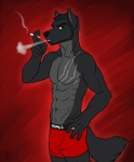 5_fingers abs anthro beard biceps big_muscles biped black_body black_fur black_nose bottomwear boxer_briefs bulge cigarette clothing facial_hair fingers fur hand_on_hip looking_at_viewer male markings muscular muscular_anthro muscular_male pecs pose red_background red_clothing red_underwear scar shorts side_view simple_background smoke smoking solo standing tail underwear vallhound fenris_williams canid canine canis mammal wolf 2013 digital_media_(artwork) hi_res portrait three-quarter_portrait watermark