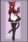 anthro border clothing collar female harness leash legwear maid_uniform purple_border solo stockings uniform yunaloveless kitty_(meyou) domestic_cat felid feline felis mammal absurd_res hi_res