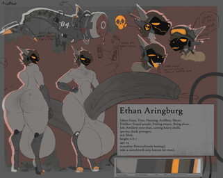 anthro armor backsack balls big_balls big_butt big_penis bodily_fluids butt character_description color_swatch fangs freckled_butt freckled_chest freckles front_view genital_fluids genitals headgear helmet huge_balls huge_penis humanoid_genitalia humanoid_penis hyper hyper_balls hyper_genitalia hyper_penis machine male male_anthro nude nude_anthro nude_male orange_eyes orange_mouth penis precum rear_view saliva solo symbol tail teeth text text_box thick_thighs tongue tongue_out vein veiny_penis visor ace0t0nic ethan_(humbug) aquatic fish hybrid protogen shark absurd_res english_text hi_res model_sheet