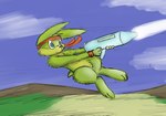 anthro blue_eyes blue_sky cloud day featureless_crotch fur green_body green_ears green_fur green_tail holding_object kerchief long_ears male mouth_closed nude outside red_kerchief scut_tail short_tail sky solo tail teeth bucklebunny epic_games jazz_jackrabbit_(series) jazz_jackrabbit lagomorph leporid mammal rabbit low_res