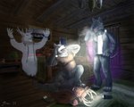 anthro antlers cabin clothing death emf_reader facial_piercing fingerprint floor group horn male piercing short_story torch wood wood_floor yenocwolf phasmophobia hex_(satanic-furry) mo_(momamo) yenoc canid canine canis cervine deer elk ghost jackal mammal spirit wolf 5:4