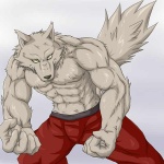 abs anthro athletic biceps big_muscles biped black_nose bottomwear bulge chest_tuft clothed clothing fangs flexing fur grey_background grey_body grey_fur grin looking_at_viewer male muscular muscular_anthro muscular_male pants pecs pose simple_background smile solo standing tail teeth topless tuft yellow_eyes wildheit mythology canid canine canis mammal mythological_canine mythological_creature werecanid werecanine werecreature werewolf wolf 1:1