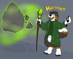 anthro blue_eyes clothed clothing fur levitation magic_user robe rock simple_background smile solo staff text tongue sstinkies axel_(axeltheaussie) australian_shepherd canid canine canis domestic_dog herding_dog mammal pastoral_dog sheepdog absurd_res english_text hi_res nonbinary_(lore)