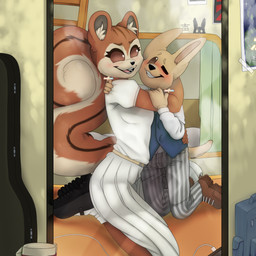 5_fingers anthro black_nose bottomwear breasts brown_body brown_fur clothed clothing dormitory dress duo female fingers footwear fur grin hug humanoid_hands inner_ear_fluff kneeling larger_female male male/female one_eye_closed pants pattern_bottomwear pattern_clothing pattern_pants school_uniform shoes size_difference smile striped_bottomwear striped_clothing striped_pants stripes tan_body tan_fur topwear tuft uniform vest icedfoxes beastars sally_(beastars) voss_(beastars) canid canine fennec_fox fox mammal rodent sciurid tree_squirrel true_fox 1:1 2022 absurd_res digital_media_(artwork) hi_res signature