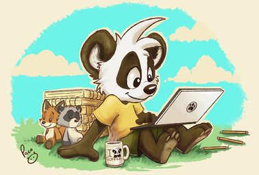 anthro black_body black_fur black_nose blue_bottomwear blue_clothing blue_shorts blue_sky bottomwear closed_smile clothed clothing cloud computer electronics fur glistening glistening_eyes grass laptop logo male male_anthro mouth_closed outside plant shirt shorts sitting sketchbook sky smile solo t-shirt topwear white_body white_fur young young_anthro young_male pandapaco parinton bear giant_panda mammal artist_logo signature